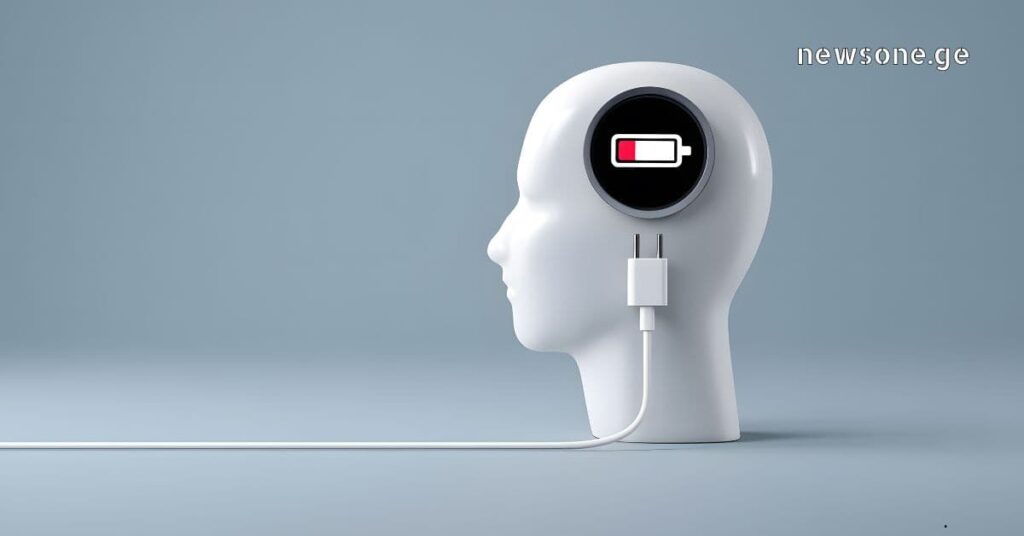 A 3D white human head profile with a low battery icon and a charging cable plugged in, representing mental exhaustion and the need to recharge.