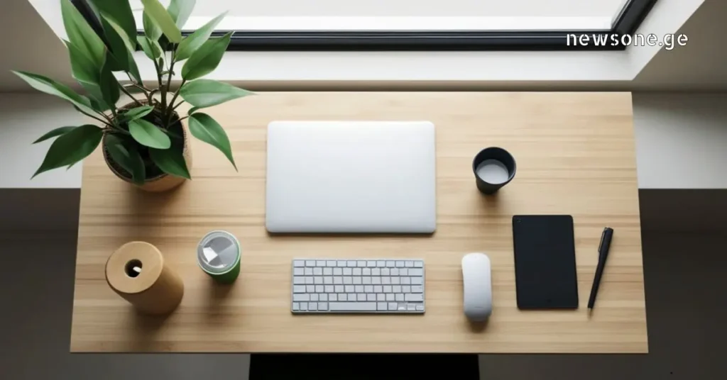 Top view of a minimalist wooden desk with a laptop, wireless keyboard, mouse, notebook, and a green plant near a window.