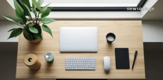 კომფორტი, როგორც წარმატების ფორმულა: რატომ არის გარემო პროდუქტიულობის საწინდარი? Top view of a minimalist wooden desk with a laptop, wireless keyboard, mouse, notebook, and a green plant near a window.