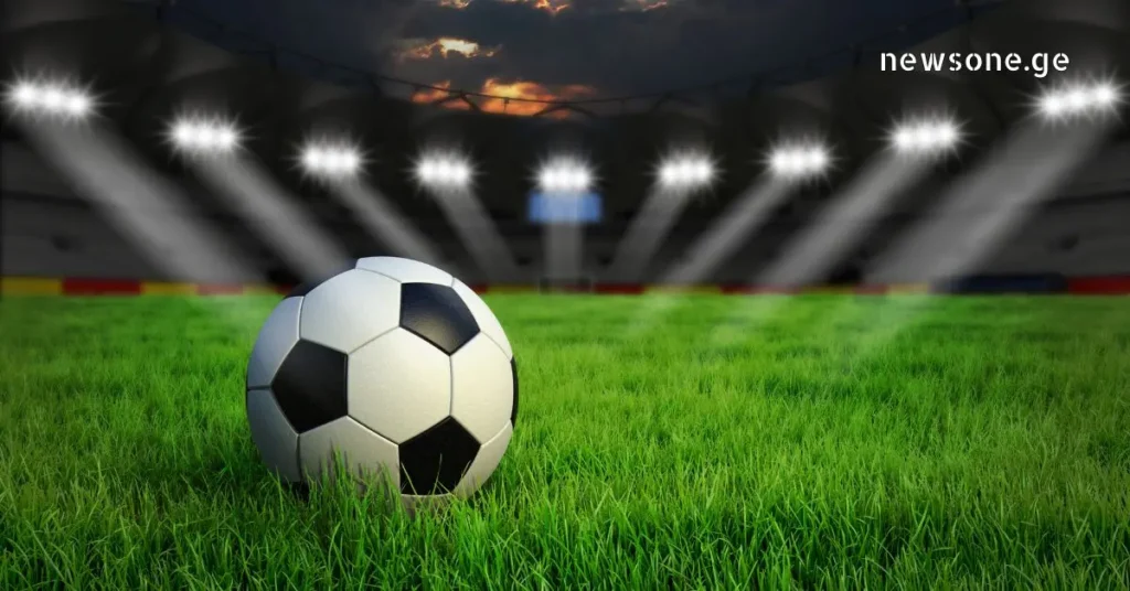 Soccer ball on a green stadium grass field under bright spotlights at sunset.