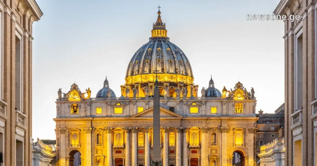 St. Peter's Basilica in Vatican City at sunset with warm evening lights.