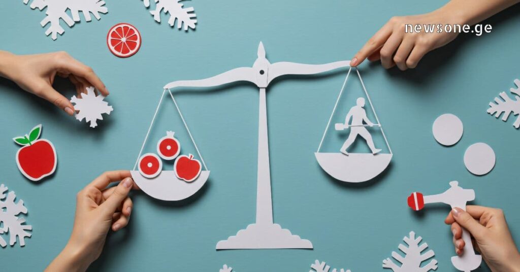 Concept of healthy lifestyle balance featuring paper scales with fruits and a walking person icon on a blue background.