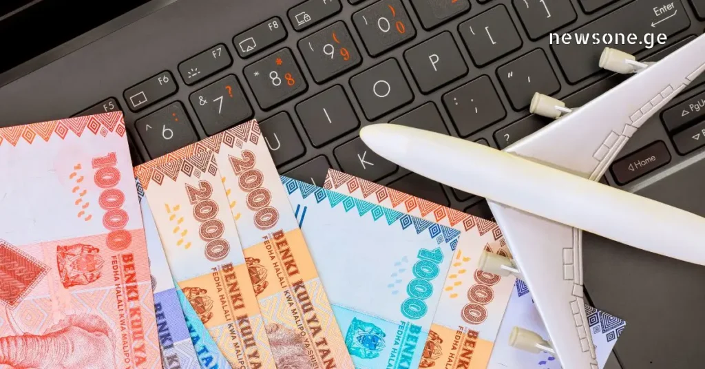 A toy airplane and banknotes on a laptop keyboard representing global economy and travel budgeting.