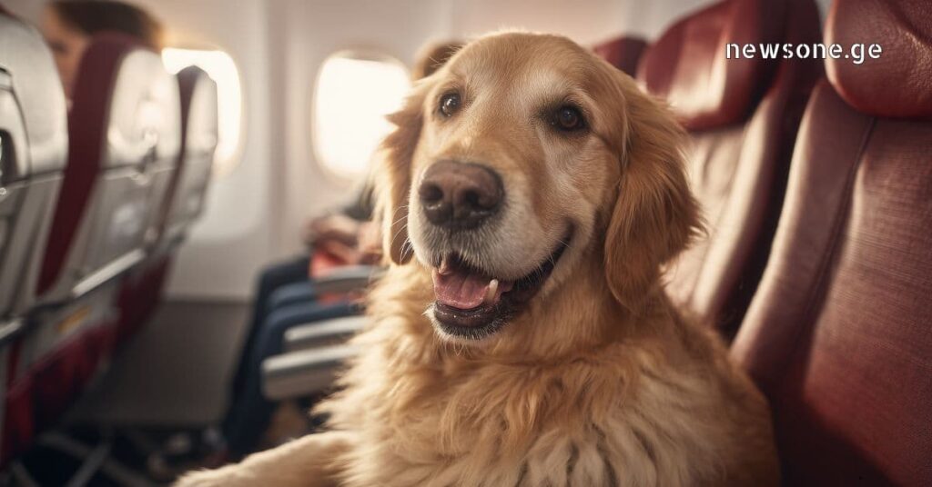 Golden Retriever dog sitting comfortably on an airplane passenger seat near the window.