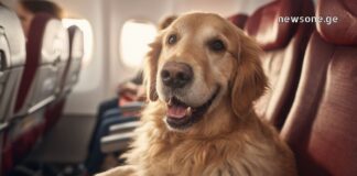 ცხოველებთან ერთად მოგზაურობა: ყველაფერი, რაც ფრენამდე უნდა იცოდეთ Golden Retriever dog sitting comfortably on an airplane passenger seat near the window.