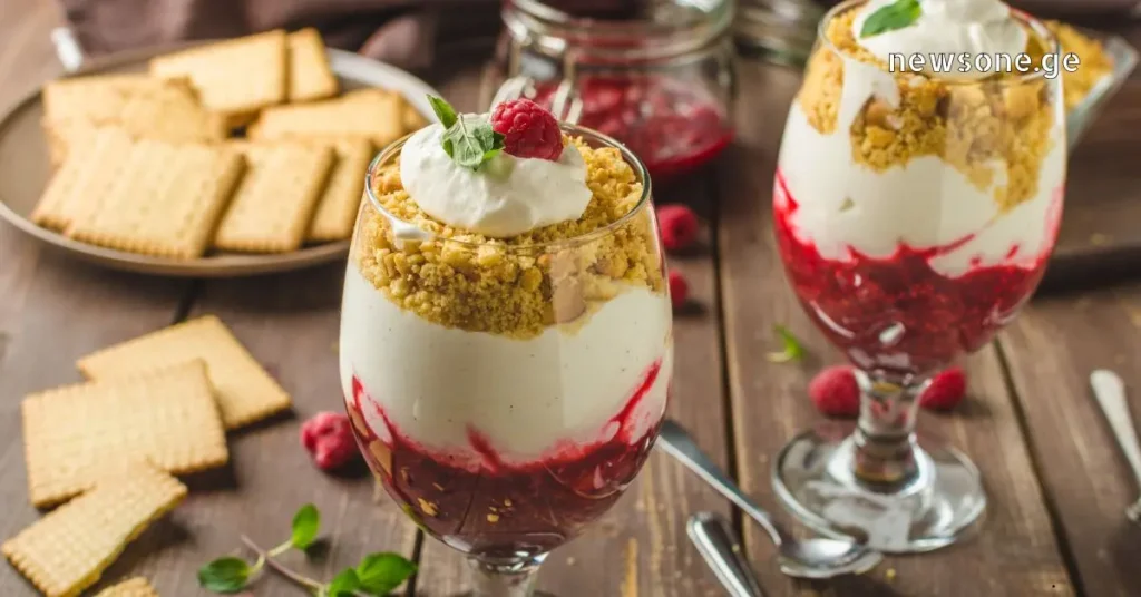 Layered raspberry and cream dessert in a glass with crumbled biscuits, fresh raspberries, and a mint leaf garnish on a wooden table.