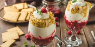 მსოფლიოს ტკბილეული: გზამკვლევი გურმანი მოგზაურებისთვის Layered raspberry and cream dessert in a glass with crumbled biscuits, fresh raspberries, and a mint leaf garnish on a wooden table.