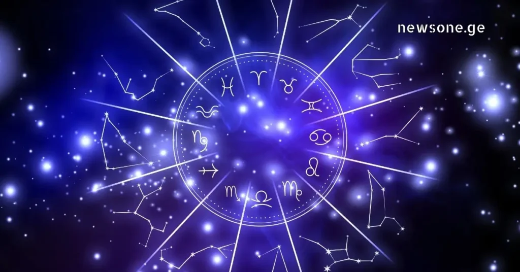 Zodiac signs wheel in a starry night sky background with constellations.