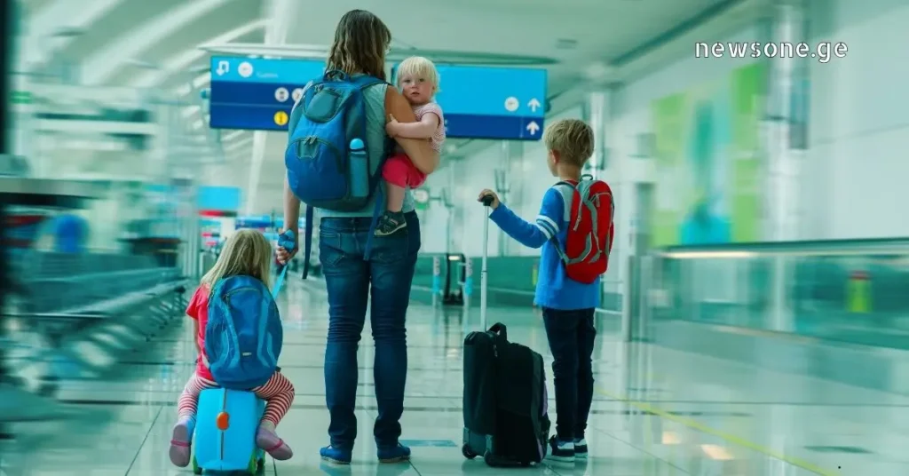 დედა სამ შვილთან და ბარგთან ერთად აეროპორტის ტერმინალში მოგზაურობის მოლოდინში