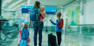 მოგზაურობა ბავშვებთან ერთად: გზამკვლევი მშობლებისთვის, ვისაც სიმშვიდე და თავგადასავლები სურს დედა სამ შვილთან და ბარგთან ერთად აეროპორტის ტერმინალში მოგზაურობის მოლოდინში